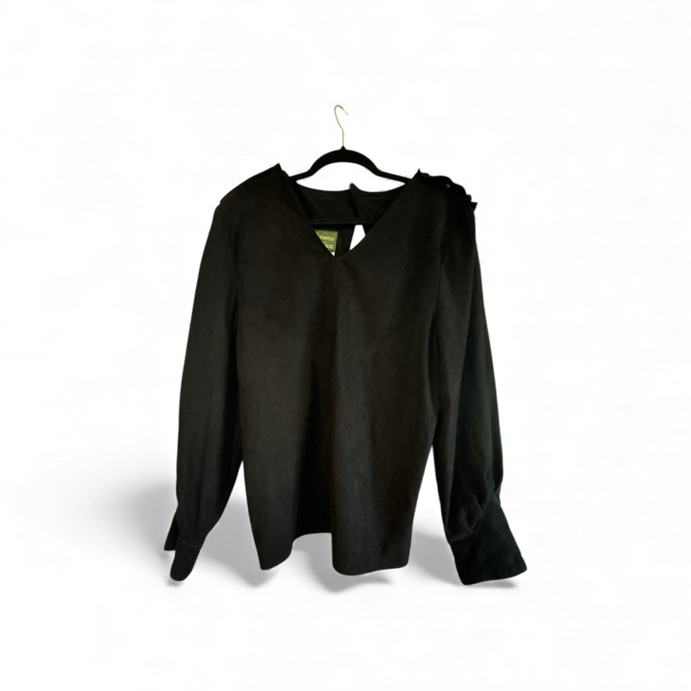 Vintage Liz Roberts Black Long Sleeve Suede Blouse Detachable Hood